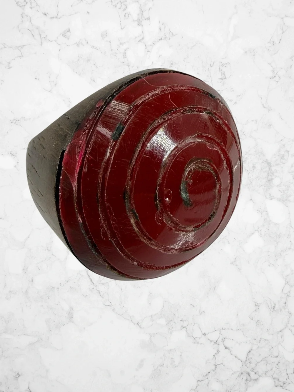 Unique Hand Carved Wood Red Burgundy Lacquered Spiral Chunky Boho Ring Bullseye